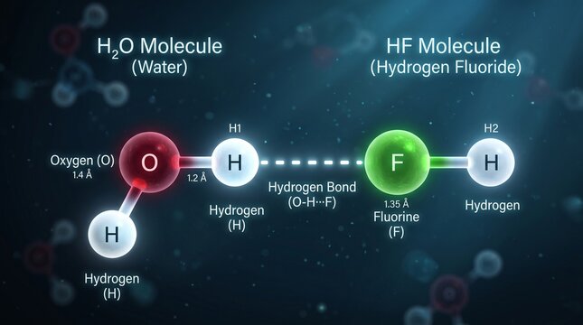3D Molecular Structure of Water and Hydrogen Fluoride in Scientific Illustration