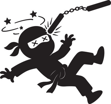 Ninja Silhouette in motion during combat with nunchucks causing impact and stars concept in vector style