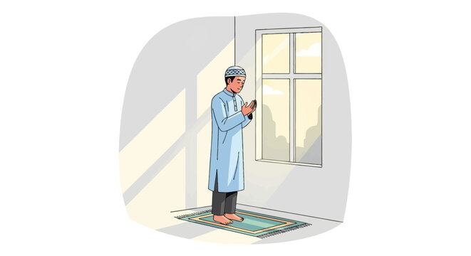 Vector illustration of a young Muslim man in a blue thobe and kufi cap standing on a prayer rug, performing supplication with raised hands near a window with sunlight and long shadows.