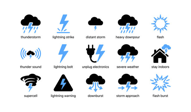 Lightning and thunderstorm icons showing warnings and safety on white
