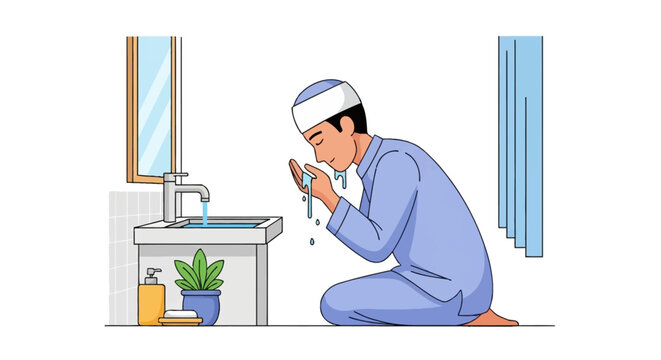 Muslim man in blue traditional clothing and white prayer cap performing ritual ablution or wudu by washing his face at a modern sink in a bathroom before daily prayer salat.