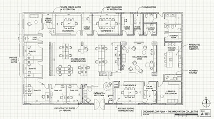 Fototapeta premium Architectural floor plan of a modern office space with conference rooms, open workstations, and private offices