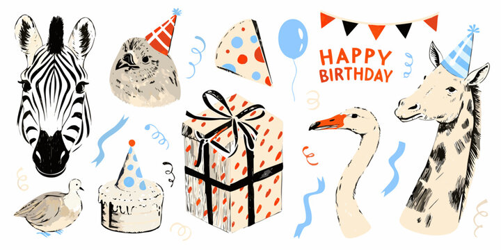 Animal heads and birthday elements hand drawn vector illustration