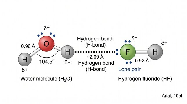 Molecular structure illustration of hydrogen bonding between water and hydrogen fluoride