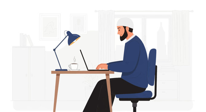 Flat vector illustration of a bearded Muslim man wearing a white prayer cap working on a laptop at a desk in a modern home office with a blue desk lamp and coffee cup.