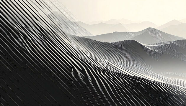 Abstract digital mountain landscape with pixelated texture, serene gradient sky and atmospheric perspective, representing nature and technology fusion