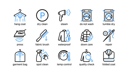 Fototapeta premium Laundry care icons arranged in grid on white background