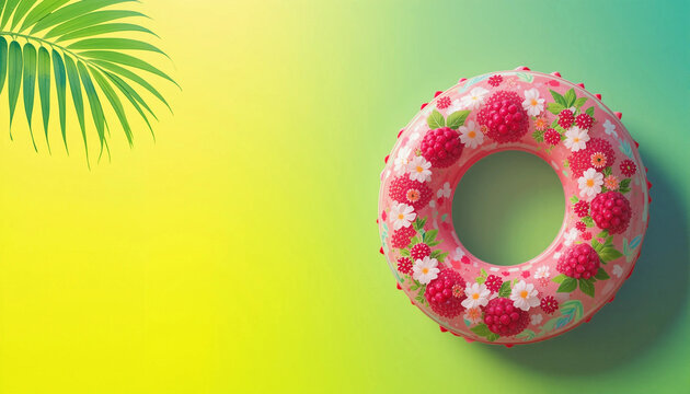 Inflatable pool float in the shape of a donut with raspberry and flower patterns on a vibrant yellow and green background with tropical palm leaves