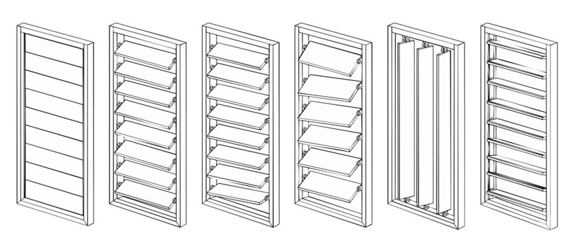 Window louver shutter mechanism diagram set showing isometric line art of adjustable frame slats in various open configurations and closed positions for architectural blueprinting and design layouts.