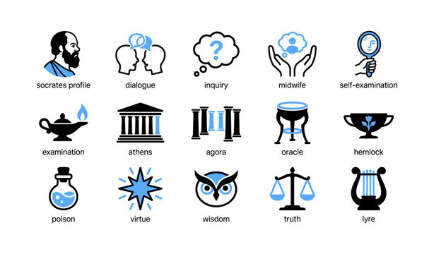 Philosophy and socratic icons arranged in grid on white background