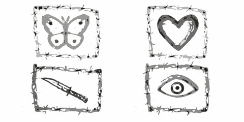 Collage Of Butterfly Heart Knife And Eye Illustrations In Gray Scale © Ajay