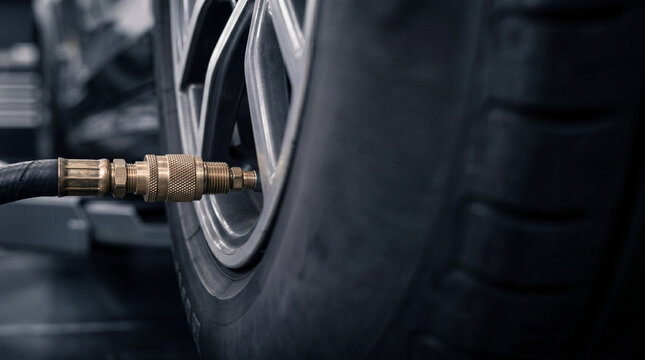 Mechanic inflating car tire with air compressor hose at auto repair shop. Maintenance tool for vehicle wheel pressure check. Professional automotive service and garage work concept.