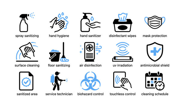 Hygiene and sanitizing icons arranged on white background