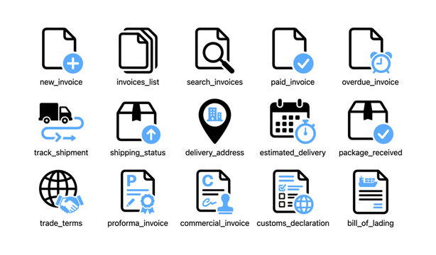 Logistics and invoice icons showing shipping functions in grid