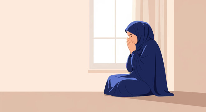 Illustration of a Muslim woman in a blue hijab and abaya sitting on the floor by a window, raising her hands in prayer or dua in a quiet, minimalist indoor setting with soft light.