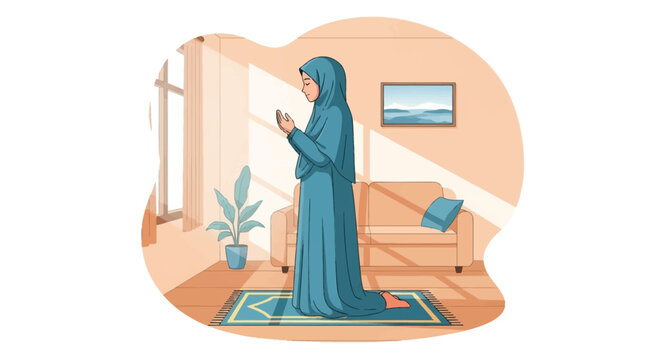Vector illustration of a Muslim woman wearing a blue hijab and abaya kneeling on a prayer rug in a sunlit living room with hands raised in supplication or Dua near a sofa.