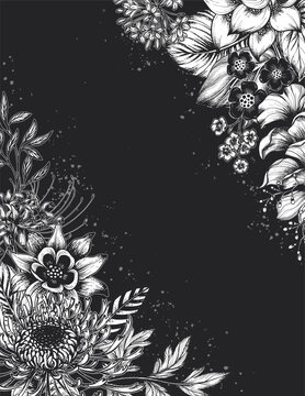 Beautiful hand drawn vector frame with black and white unusual blooming flowers on black background