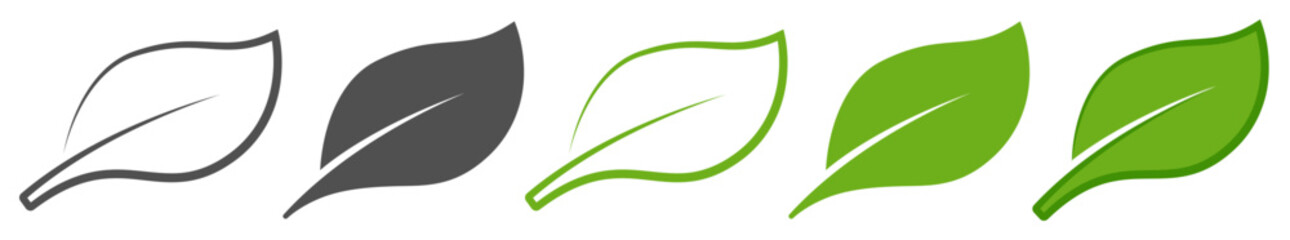 Set of leaf icons in both outline and solid styles. Green and gray foliage symbol designs on transparent background. © Darina