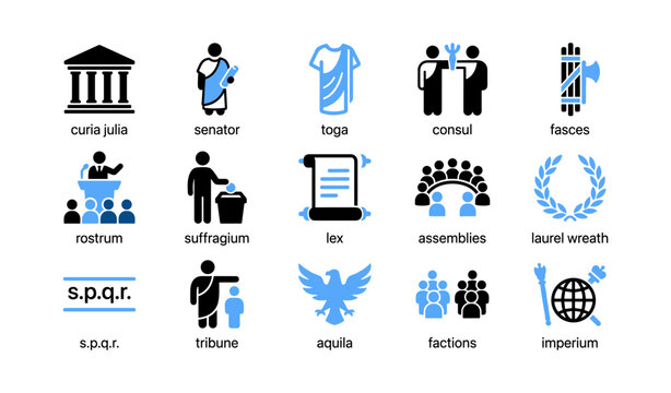 Roman government icons arranged in grid on white background