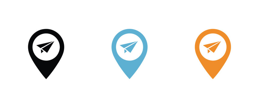 Location pin icons featuring vibrant black, blue, and orange designs for navigation, mapping, and destination tracking applications. Vector illustration.