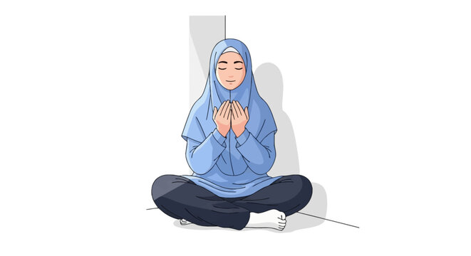 Illustration of a young Muslim woman wearing a light blue hijab sitting cross-legged on the floor with her hands raised in supplication and eyes closed on a white background.
