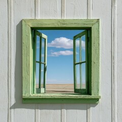 Obraz premium Green-framed window opens to a bright blue sky with fluffy white clouds