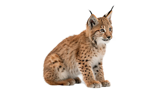 Beautiful wild European lynx cub baby wild cat sitting isolated on transparent background