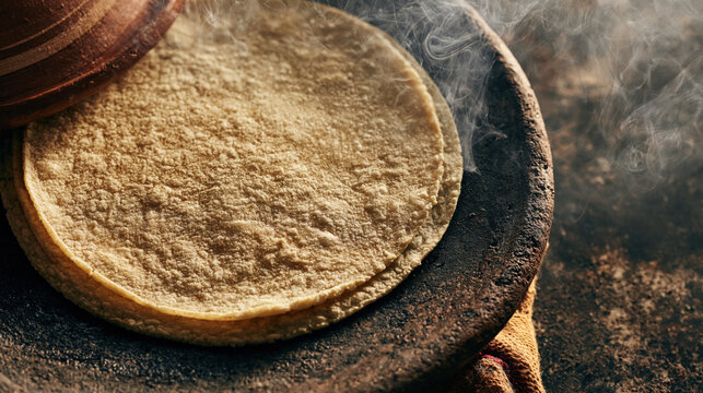 Warm corn tortilla puffing up on a traditional comal