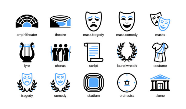 Theater and performance icons showing masks instruments and venues