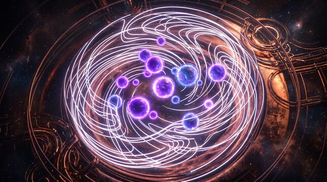 Futuristic abstract scene with swirling purple and white lines and orbs in space