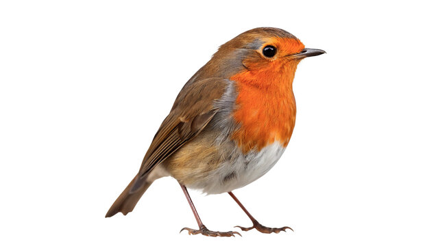 Beautiful wild European robin bird standing profile view isolated on transparent background