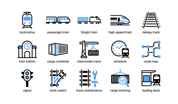 Railway and cargo icons representing trains and transport operations