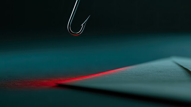 A metallic hook hovers over an envelope, casting a red glow
