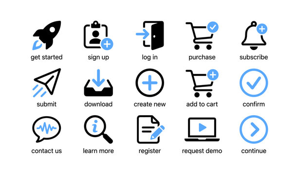 User interface icons showing common actions and interactions
