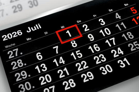 Deutscher Kalender Datum 1. Juli  2026 Mittwoch  schwarz rot