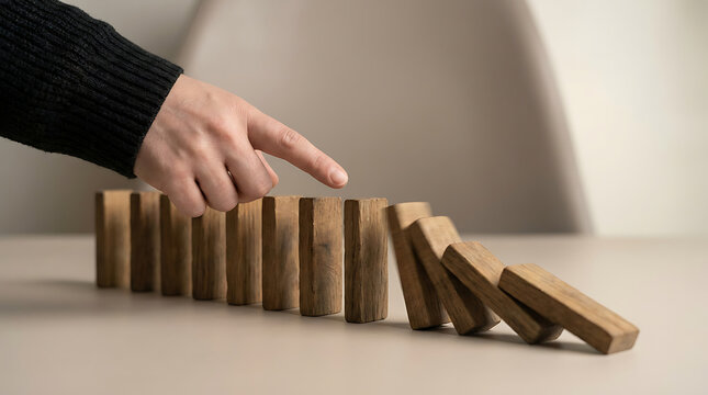 Person's hand triggering a domino effect on a table indoors