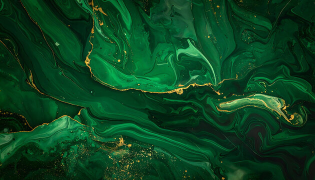 Abstract emerald green marbled texture with veins of gold, fluid art background, luxury liquid effect