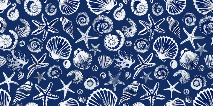 Nautical shell pattern with starfish and spirals blue and white design