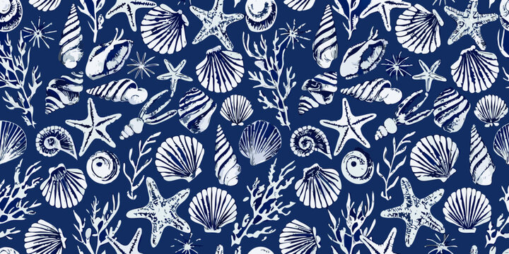 Nautical shell pattern blue and white vector illustration