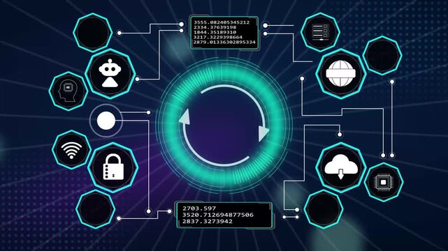 Futuristic technology interface with glowing neon circular processing arrow loop connecting multiple digital data nodes