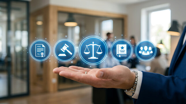 A businessman presents law icons in a modern office with colleagues.