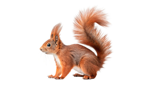 Cute wild red squirrel sitting with fluffy tail profile isolated on transparent background