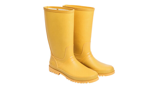 Pair of classic yellow rubber rain boots waterproof footwear isolated on transparent background