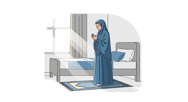 Vector illustration of a Muslim woman in a blue hijab and long prayer dress standing on a prayer rug in a bedroom, performing salah with hands raised near a window with sunlight.