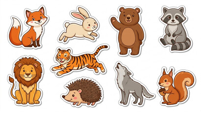 Fototapeta premium Flat style wild forest mammal sticker pack cartoon animals lion tiger fox bear wolf vector set