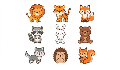 Obraz premium Cute wild mammal cartoon character set with lion tiger fox bear wolf rabbit raccoon hedgehog squirrel vector illustration