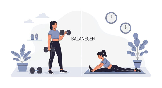 Vector illustration of a woman balancing strength training with flexibility exercises; features dumbbell bicep curls and leg stretching on a mat beside clocks and indoor plants.