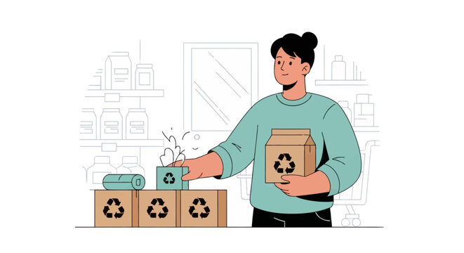 Vector illustration of a woman in a store selecting sustainable items with recycle icons on cardboard packaging from a shelf, featuring a minimalist outline art style.