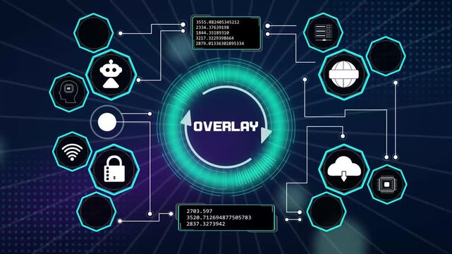 Abstract tech overlay graphic featuring animated rotating arrows loop integrated with glowing green cyber network nodes