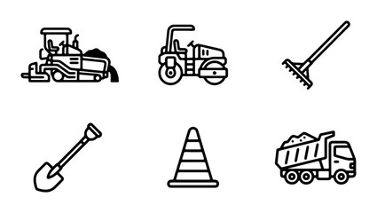 Construction Equipment Icons: Paver, Roller, Rake, Shovel, Cone, Dump Truck Vector Set © Rafia